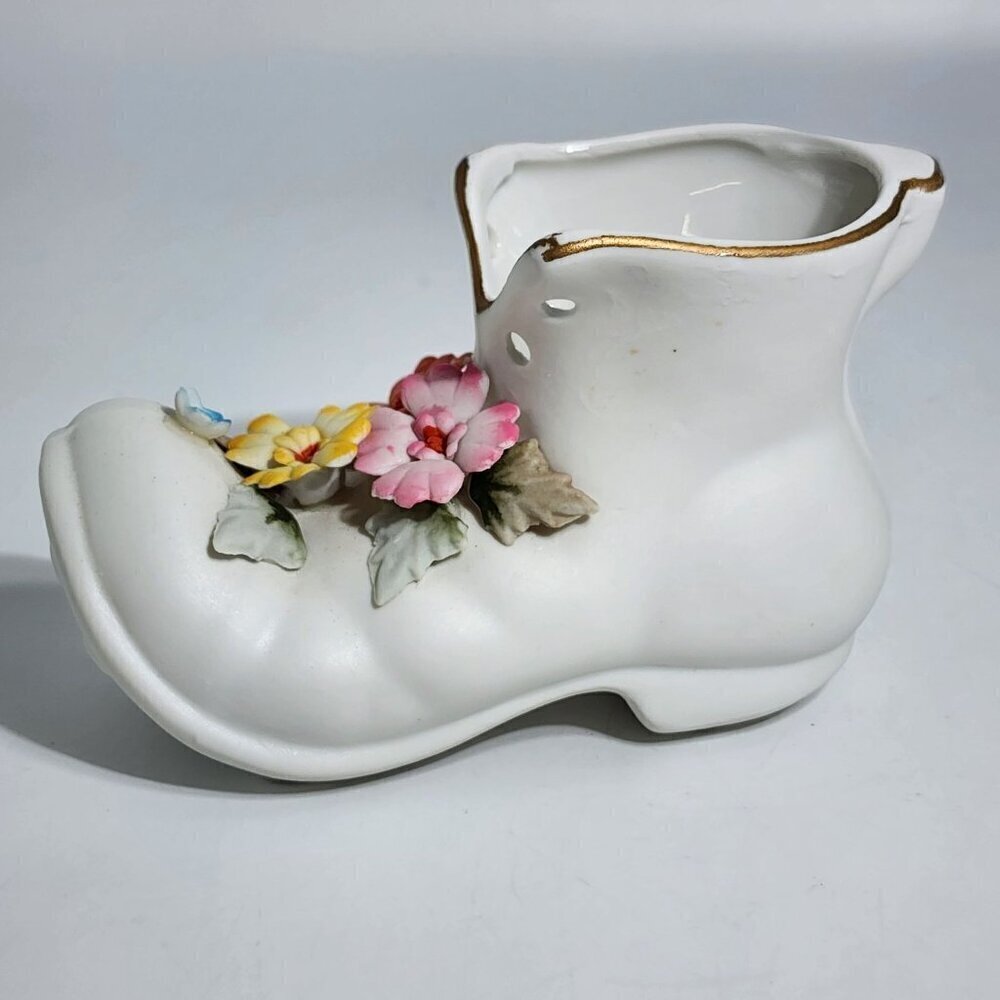 Boot Figurine Vase With Colorful Ceramic Hand Made Flowers Vintage Japan